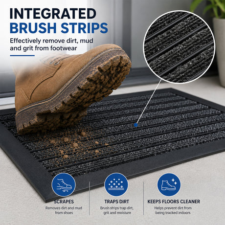 Integrated Brush Strip Door Mat with Elevated Drainage Design