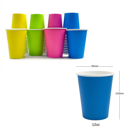 Colourful paper cups with measurements on a white background