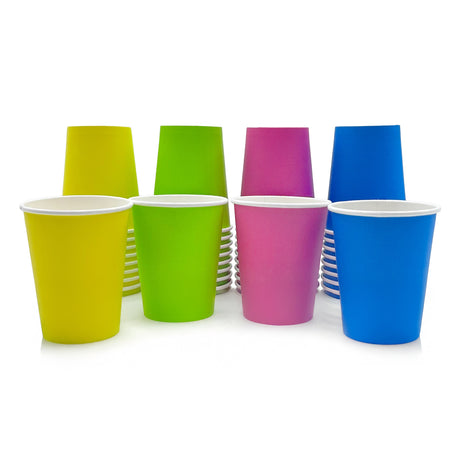 Set of paper cups in green, purple, yellow, and blue on a white background