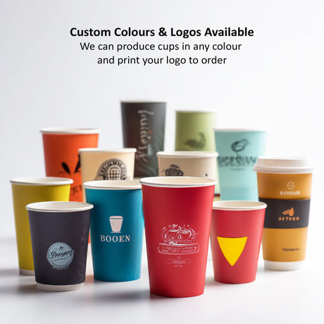 Assorted colourful paper cups with various designs and text on a light grey background.