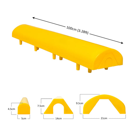 Yellow ski balancing bar with dimensions on a white background