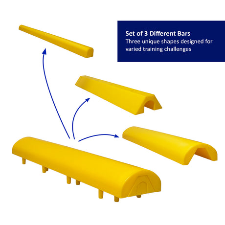 Set of three types of yellow ski balancing bars with text on a white background