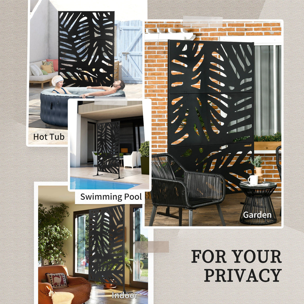 Freestanding Outdoor Privacy Screen, Decorative Metal Garden Divider with Stand for Deck, Pool, 48" x 78" Black