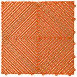 Orange interlocking garage floor tile with a ventilated diamond pattern, top-down view on white background.