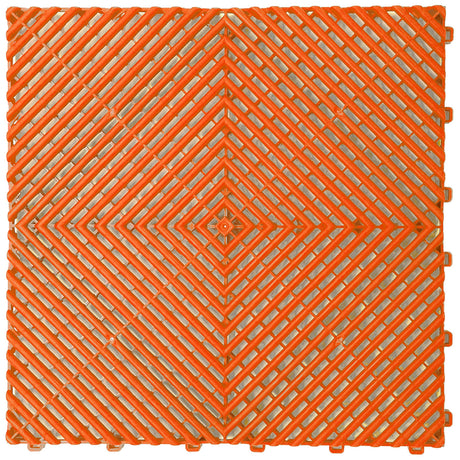 Orange interlocking garage floor tile with a ventilated diamond pattern, top-down view on white background.