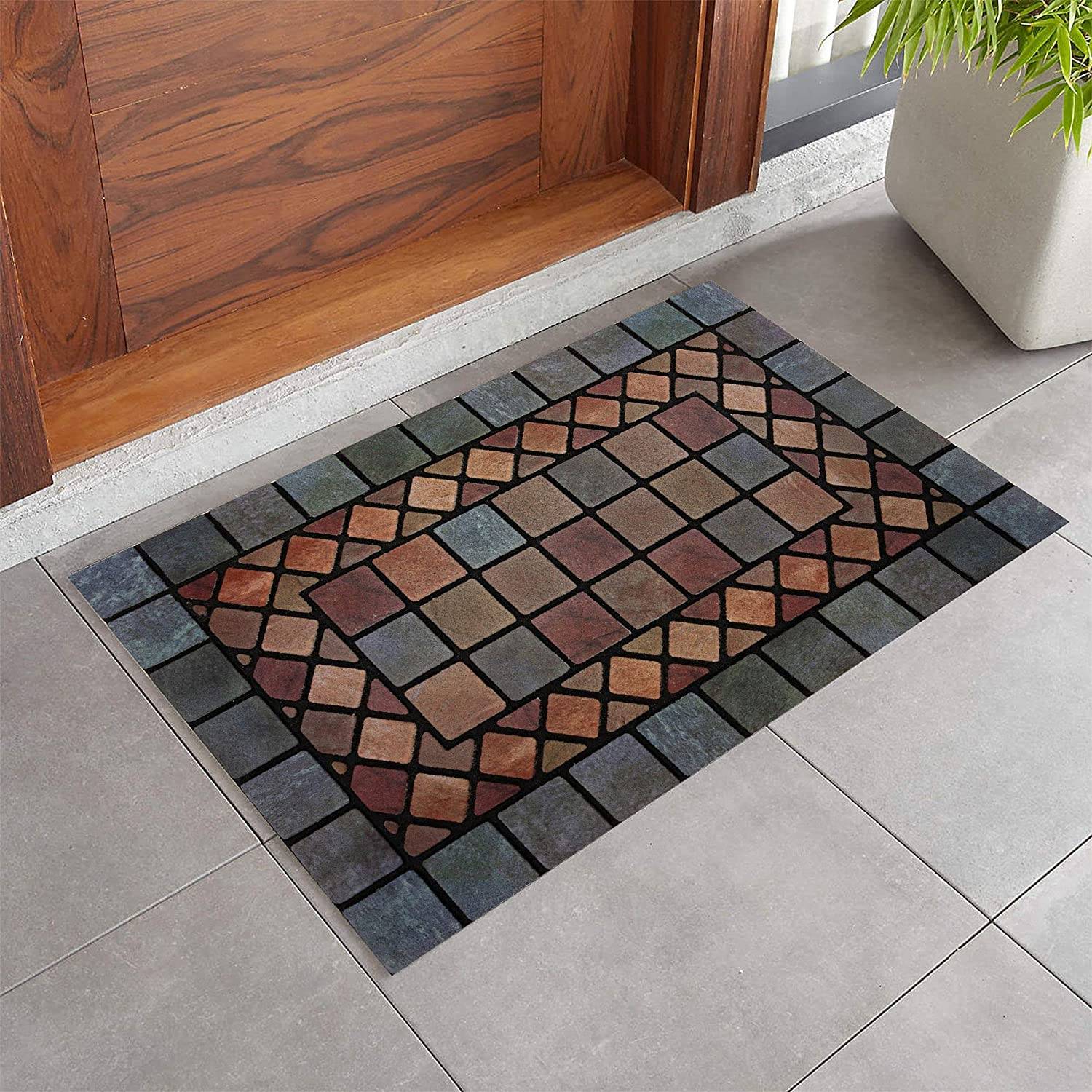 Nicoman Elegant Tile Effect Doormat - Blue Edge